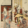 Two women on the veranda of a house, coming forward to welcome a visitor who has just arrived in a litter (kago)