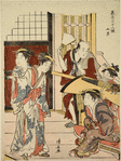 Two women on the veranda of a house, coming forward to welcome a visitor who has just arrived in a litter (kago)