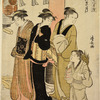 Three women and a small boy on their way to a Shinto temple, passing  by the red post of the torii