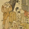 A woman stealing a love letter from a young man who is sitting on a wooden bench before a tea house (chamise)