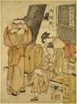 A woman stealing a love letter from a young man who is sitting on a wooden bench before a tea house (chamise)