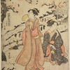 Women viewing the cherry blossoms at Higurashi.  A bronze statue of Hotei is partially seen under a thatched roof at the right