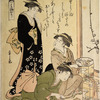 Women examining clam shells with paintings inside prepared for playing the shell game (kai-awase)