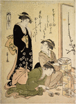 Women examining clam shells with paintings inside prepared for playing the shell game (kai-awase)