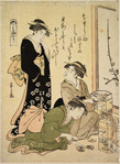 Women examining clam shells with paintings inside prepared for playing the shell game (kai-awase)