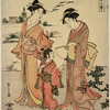 Two women and a young girl walking on the river bank at Mukojima; geese flying down