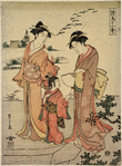 Two women and a young girl walking on the river bank at Mukojima; geese flying down