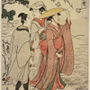 Two women and a man at the sea shore watching chidori fly over the waves