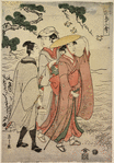 Two women and a man at the sea shore watching chidori fly over the waves