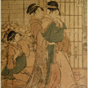 One sheet of a triptych (trimmed) showing women drunk from sake in a large room in a teahouse. The entire composition shows the three kinds of drunkard - smiling drunkard (Jogo), crying drunkard (Naki Jogo), and cross drunkard (Okori Jogo)