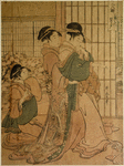 One sheet of a triptych (trimmed) showing women drunk from sake in a large room in a teahouse. The entire composition shows the three kinds of drunkard - smiling drunkard (Jogo), crying drunkard (Naki Jogo), and cross drunkard (Okori Jogo)