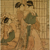 One sheet of a triptych (trimmed) showing women drunk from sake in a large room in a teahouse. The entire composition shows the three kinds of drunkard - smiling drunkard (Jogo), crying drunkard (Naki Jogo), and cross drunkard (Okori Jogo)