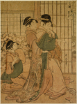 One sheet of a triptych (trimmed) showing women drunk from sake in a large room in a teahouse. The entire composition shows the three kinds of drunkard - smiling drunkard (Jogo), crying drunkard (Naki Jogo), and cross drunkard (Okori Jogo)