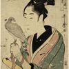 Large head and bust of a young man with a falcon