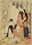Gihei sending away his wife Sono, and the servent lad Igo peering at them through the portierre