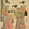 A woman tying another woman's sash (obi) and a third woman and a young girl looking on