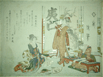 Three women at a calligraphy reunion (shokai).  One is grinding ink, one is preparing to write a poem upon a fan, and the third is writing large characters on a screen