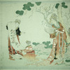 Seiobo looking at a painting of a branch of the peach tree of longevity upon which blossoms and fruit are borne at the same time