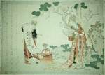Seiobo looking at a painting of a branch of the peach tree of longevity upon which blossoms and fruit are borne at the same time