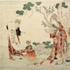 Seiobo looking at a painting of a branch of the peach tree of longevity upon which blossoms and fruit are borne at the same time