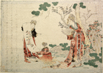 Seiobo looking at a painting of a branch of the peach tree of longevity upon which blossoms and fruit are borne at the same time