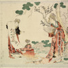 Seiobo looking at a painting of a branch of the peach tree of longevity upon which blossoms and fruit are borne at the same time