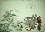 Three women in animated conversation with another who is seated by a rapid stream washing green leaves in a large basket