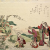Three women in animated conversation with another who is seated by a rapid stream washing green leaves in a large basket