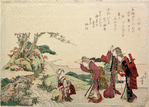 Three women in animated conversation with another who is seated by a rapid stream washing green leaves in a large basket