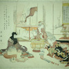 A geisha entertaining a man by playing a tune upon bowls and cups set in a row on the floor.  A second geisha is fixing the charcoal fire in a large hibachi.  In an open cupboard at the back are books, bronze flower vases  and kakemono