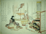 A geisha entertaining a man by playing a tune upon bowls and cups set in a row on the floor.  A second geisha is fixing the charcoal fire in a large hibachi.  In an open cupboard at the back are books, bronze flower vases  and kakemono