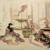 A geisha entertaining a man by playing a tune upon bowls and cups set in a row on the floor.  A second geisha is fixing the charcoal fire in a large hibachi.  In an open cupboard at the back are books, bronze flower vases  and kakemono