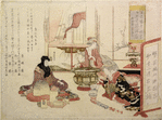 A geisha entertaining a man by playing a tune upon bowls and cups set in a row on the floor.  A second geisha is fixing the charcoal fire in a large hibachi.  In an open cupboard at the back are books, bronze flower vases  and kakemono