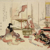 A geisha entertaining a man by playing a tune upon bowls and cups set in a row on the floor.  A second geisha is fixing the charcoal fire in a large hibachi.  In an open cupboard at the back are books, bronze flower vases  and kakemono