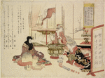 A geisha entertaining a man by playing a tune upon bowls and cups set in a row on the floor.  A second geisha is fixing the charcoal fire in a large hibachi.  In an open cupboard at the back are books, bronze flower vases  and kakemono