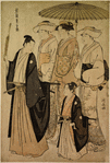 A samurai taking his young son to a shinto temple for the Miya Mairi ceremony of naming, accompanied by the child's mother and two maids