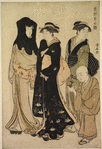 Three women walking accompanied by a boy carrying a pot of fukujuso