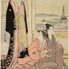 A young man and a group of women making merry with sake and the music of the samisen in a room overlooking Edo bay.  Left-hand sheet of a triptych