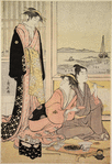A young man and a group of women making merry with sake and the music of the samisen in a room overlooking Edo bay.  Left-hand sheet of a triptych
