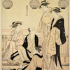 A  group of four women and a man on the balcony of a house overlooking Edo bay.  Right-hand sheet of a diptych