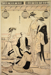 A  group of four women and a man on the balcony of a house overlooking Edo bay.  Right-hand sheet of a diptych