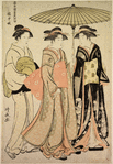 The middle class joro (chugi) Tachibana accompanied by another woman bearing an umbrella and followed by a maid servent