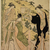 Ushiwaka (afterward called Yoshitsune) serenading Jururihimi, daughter of Kiichi Hogen.  Lef-hand sheet of a triptych