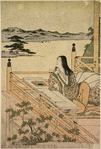 Murasaki Shikibu the celebrated poetess of the tenth century, seated on the veranda of a building overlooking Lake Biwa, composing the Genji Monogatari