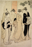 Group of four women and a man servent under a torii