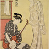 A geisha attired in a yukata, after a bath, standing while wiping her sleeve with a corner of her robe and listening to another woman who is seated and playing upon a samisen