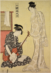 A geisha attired in a yukata, after a bath, standing while wiping her sleeve with a corner of her robe and listening to another woman who is seated and playing upon a samisen