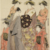 The oiran Hanaogi of Ogiya in the Yoshiwara parade accompanied by her kamuro Yoshino and Tatsuta