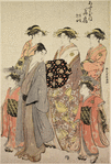 The oiran Hanaogi of Ogiya in the Yoshiwara parade accompanied by her kamuro Yoshino and Tatsuta