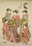 The oiran Nanakushi of Ogiya in the Yoshiwara parade accompanied by her kamuro Miwano and Takane